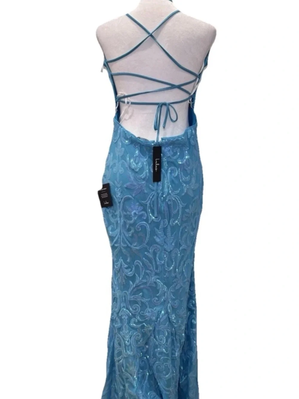 Aqua Blue Sequin Mermaid Gown Lace Up Back Formal Prom Dress Size XL - Picture 7 of 9